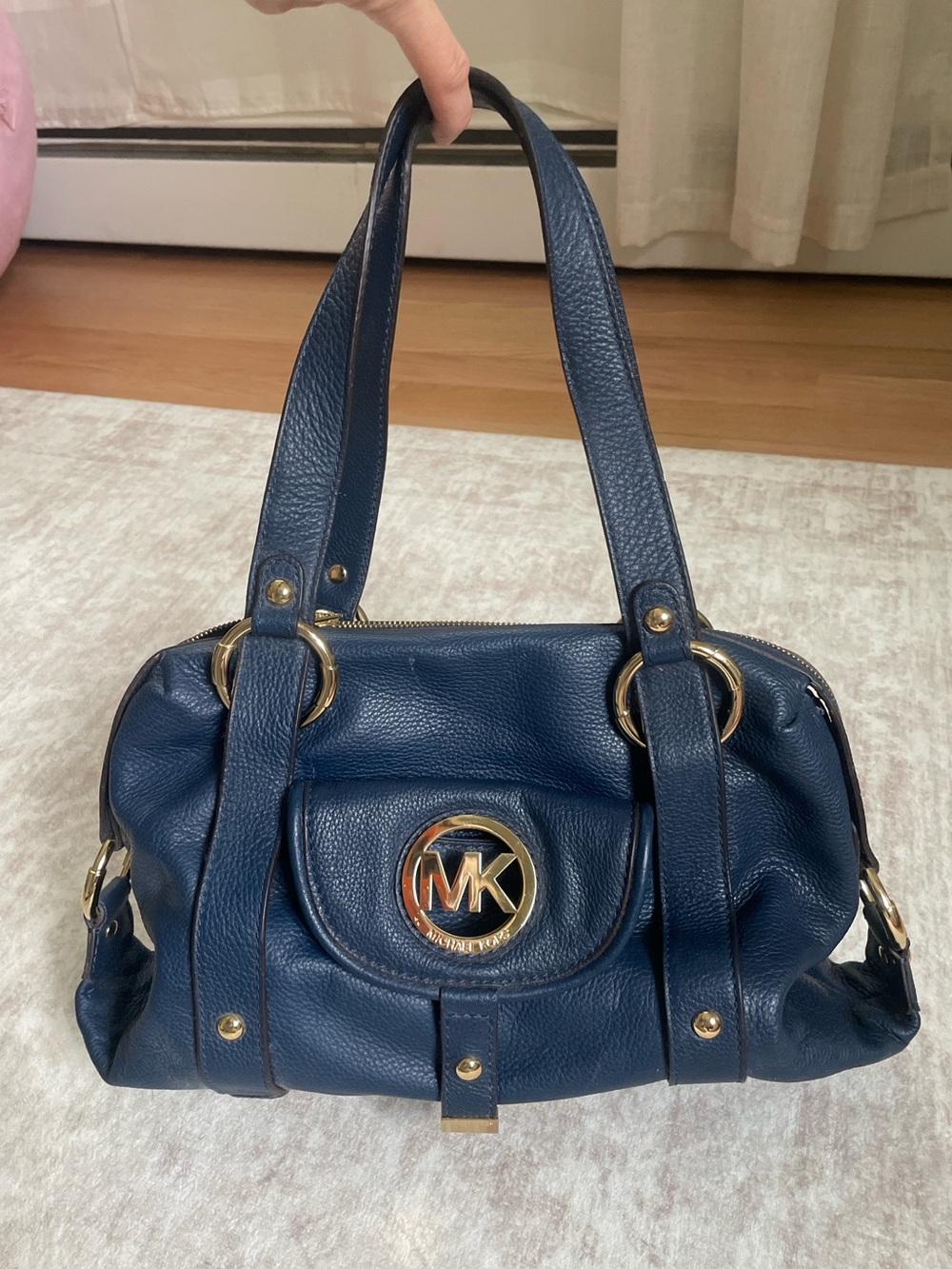 Michael Kors Navy Leather Shoulder Bag with Gold Hardware